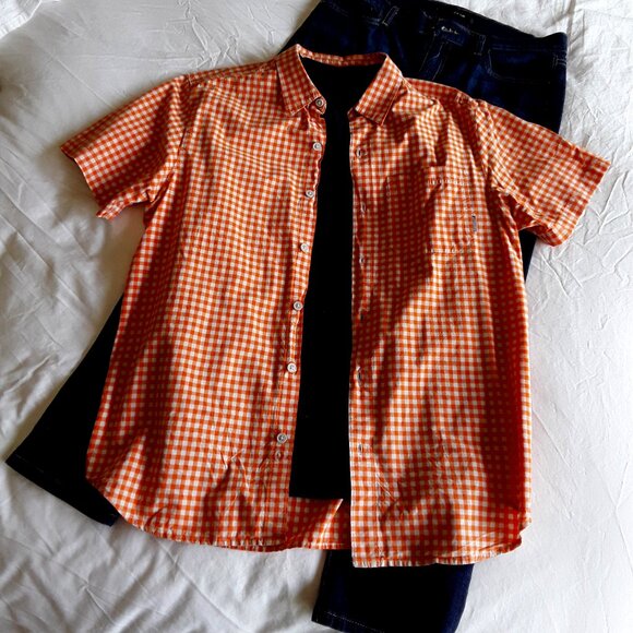 Columbia Orange Checked 100% Cotton Short-Sleeved Shirt - EUC! - Picture 2 of 6